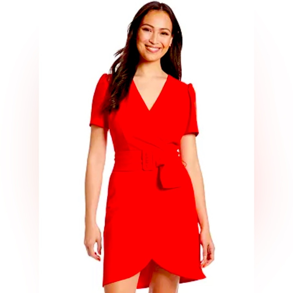 London Times Women's Belted Puff-Sleeve Tulip-Hem Dress size 18